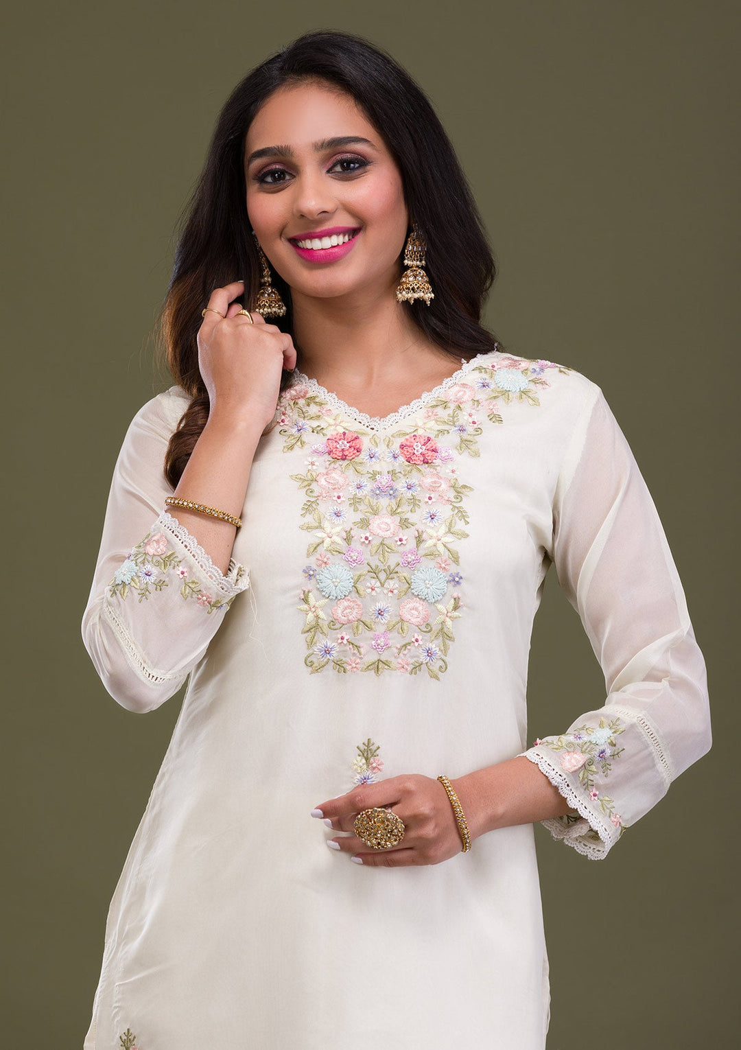 Cream Threadwork Cotton Readymade Sharara Kameez