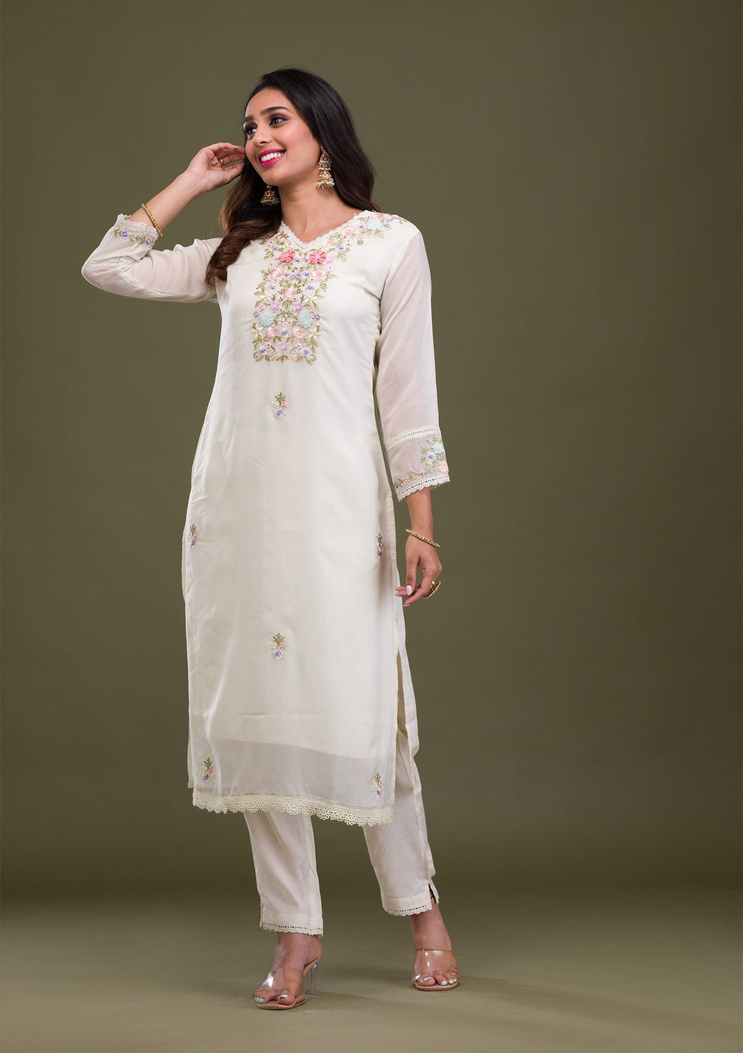 Cream Threadwork Cotton Readymade Sharara Kameez