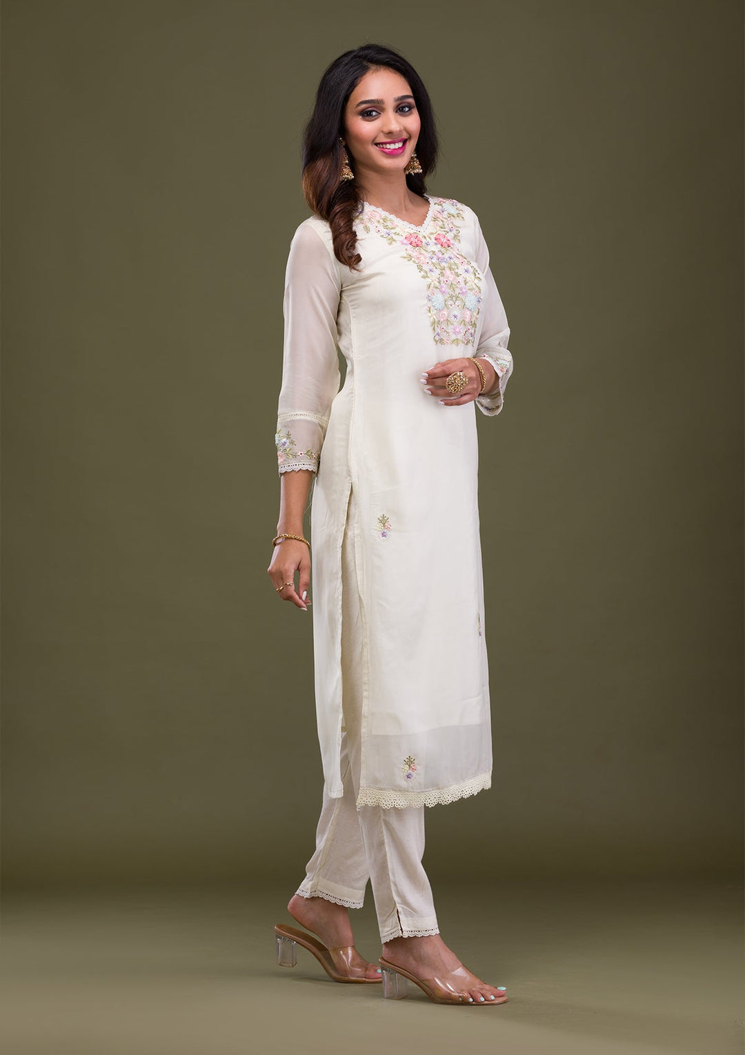 Cream Threadwork Cotton Readymade Sharara Kameez