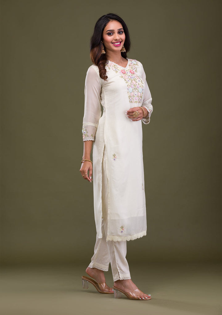 Cream Threadwork Cotton Readymade Sharara Kameez