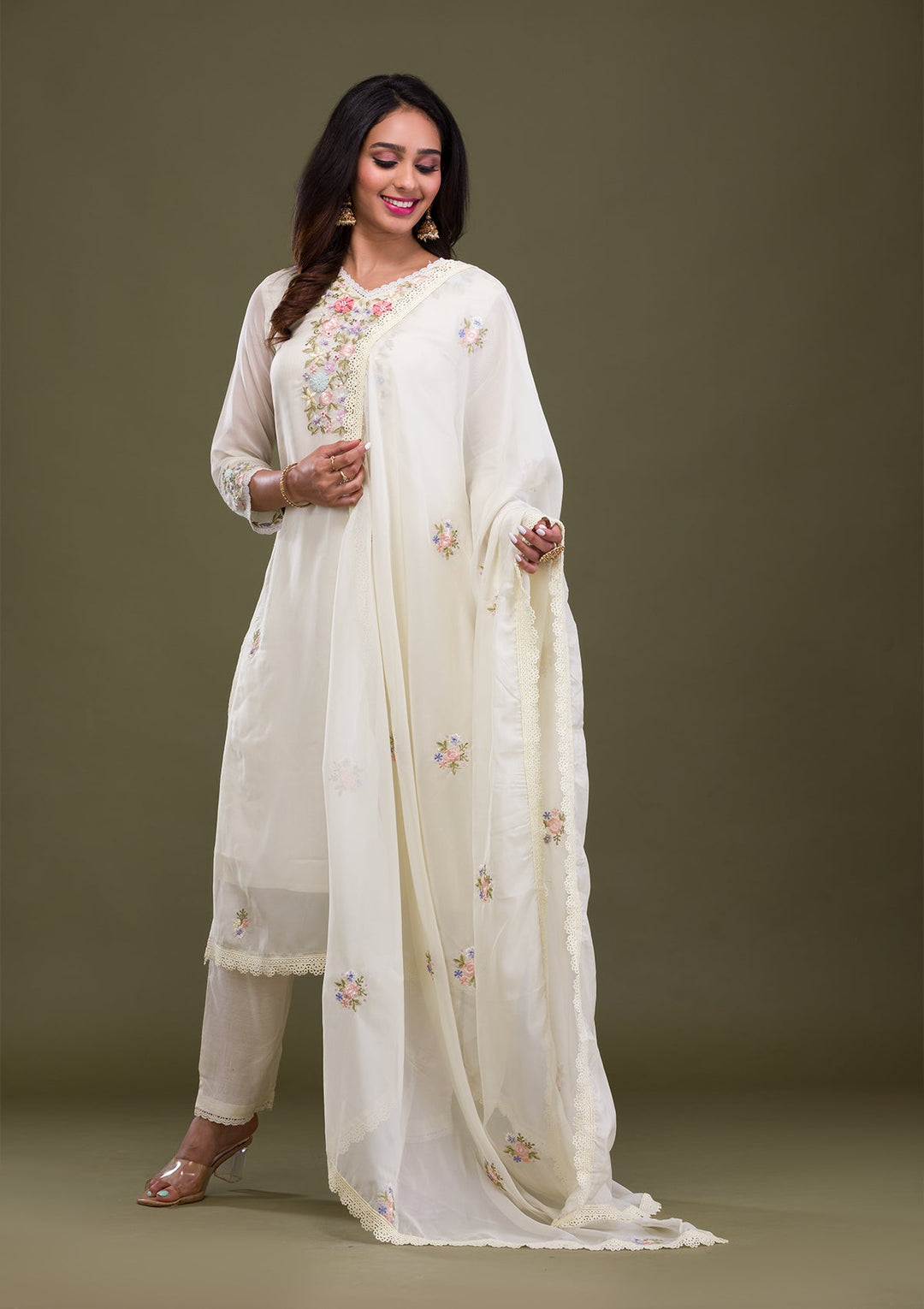 Cream Threadwork Cotton Readymade Sharara Kameez