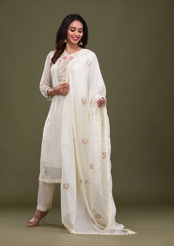 Cream Threadwork Cotton Readymade Sharara Kameez