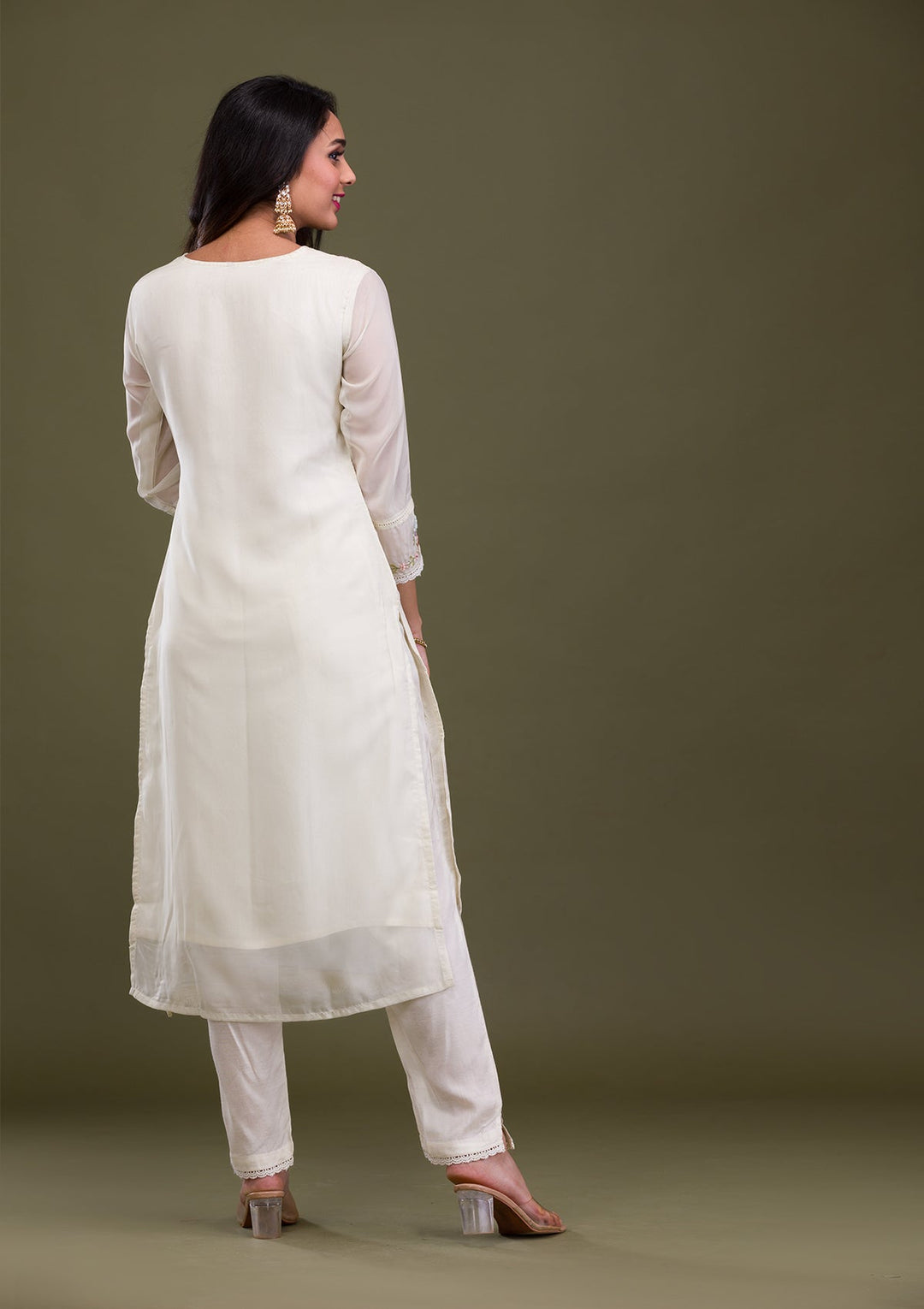 Cream Threadwork Cotton Readymade Sharara Kameez