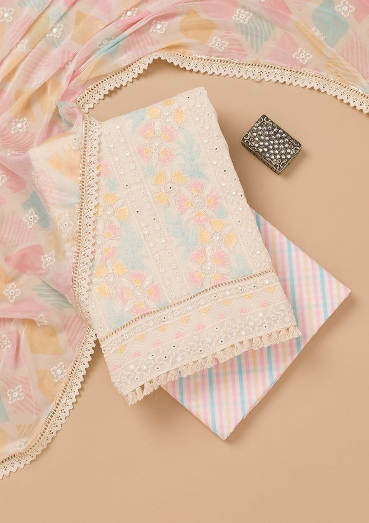 Cream Threadwork Cotton Unstitched Salwar Kameez-Koskii