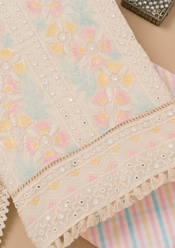 Cream Threadwork Cotton Unstitched Salwar Kameez-Koskii