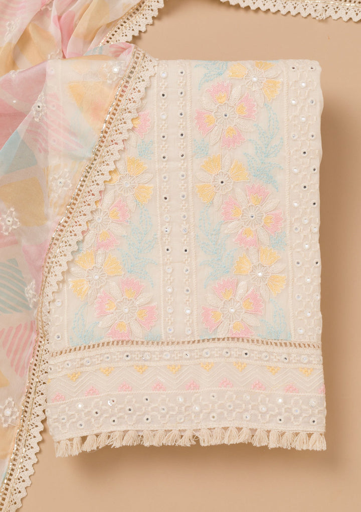 Cream Threadwork Cotton Unstitched Salwar Kameez-Koskii