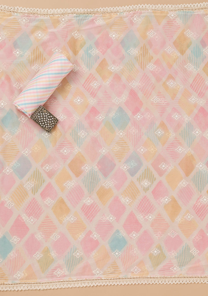 Cream Threadwork Cotton Unstitched Salwar Kameez-Koskii