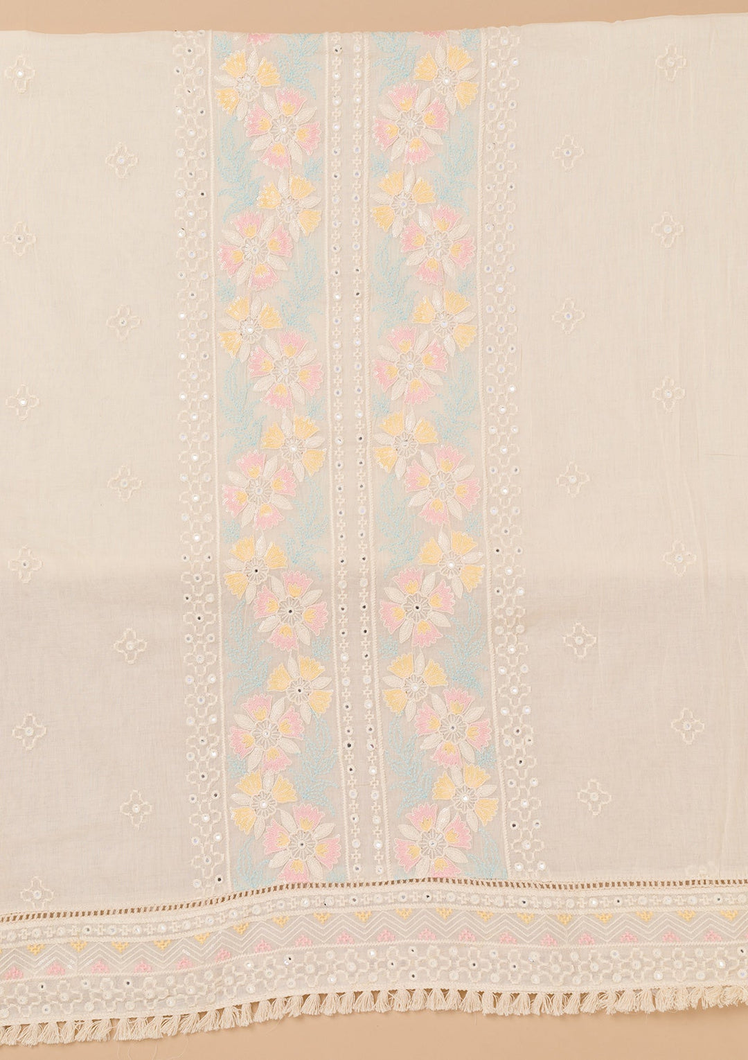 Cream Threadwork Cotton Unstitched Salwar Kameez-Koskii