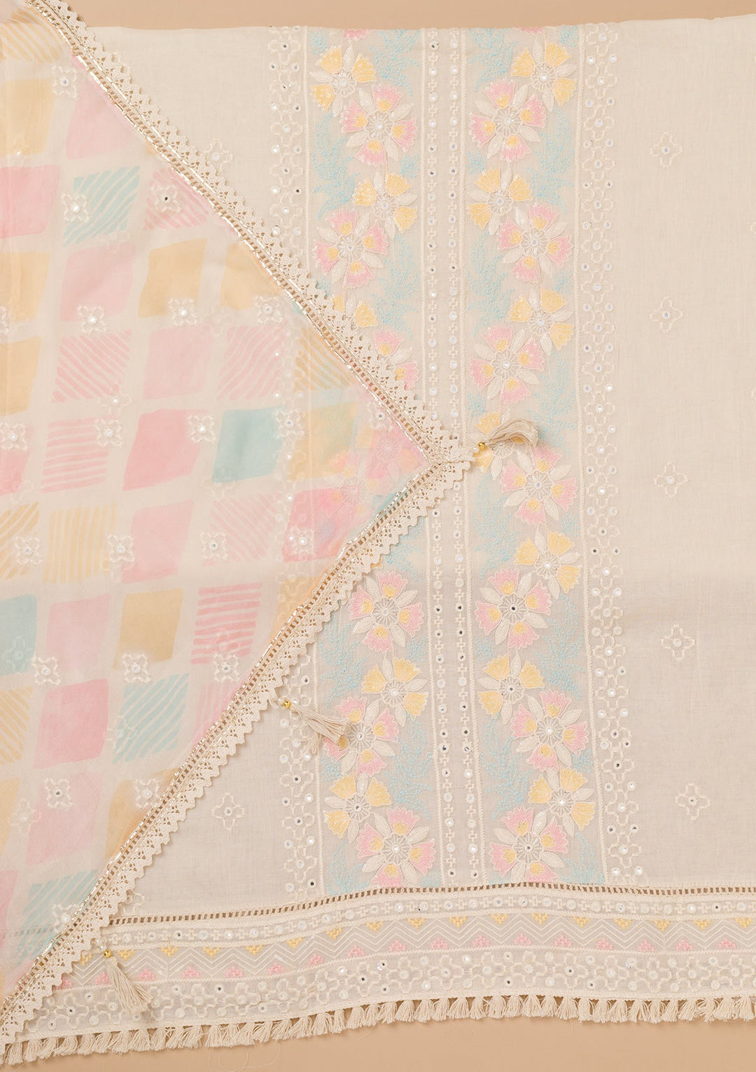 Cream Threadwork Cotton Unstitched Salwar Kameez-Koskii