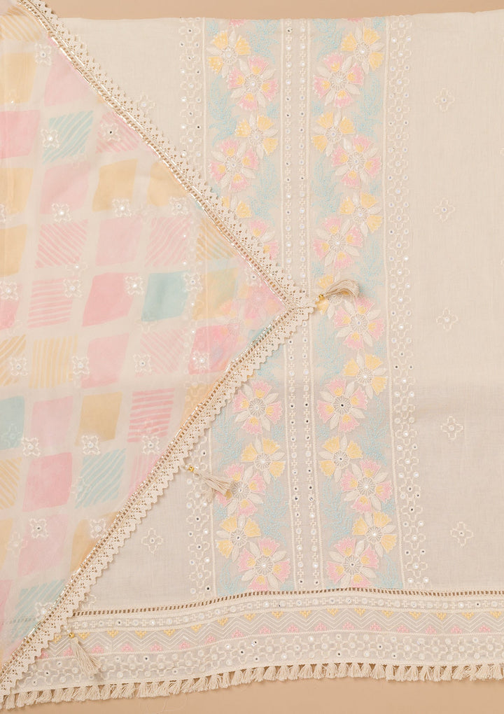 Cream Threadwork Cotton Unstitched Salwar Kameez-Koskii