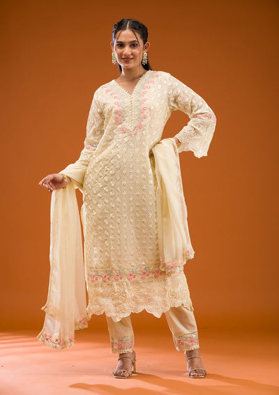 Cream Threadwork Georgette Readymade Salwar Suit-Koskii