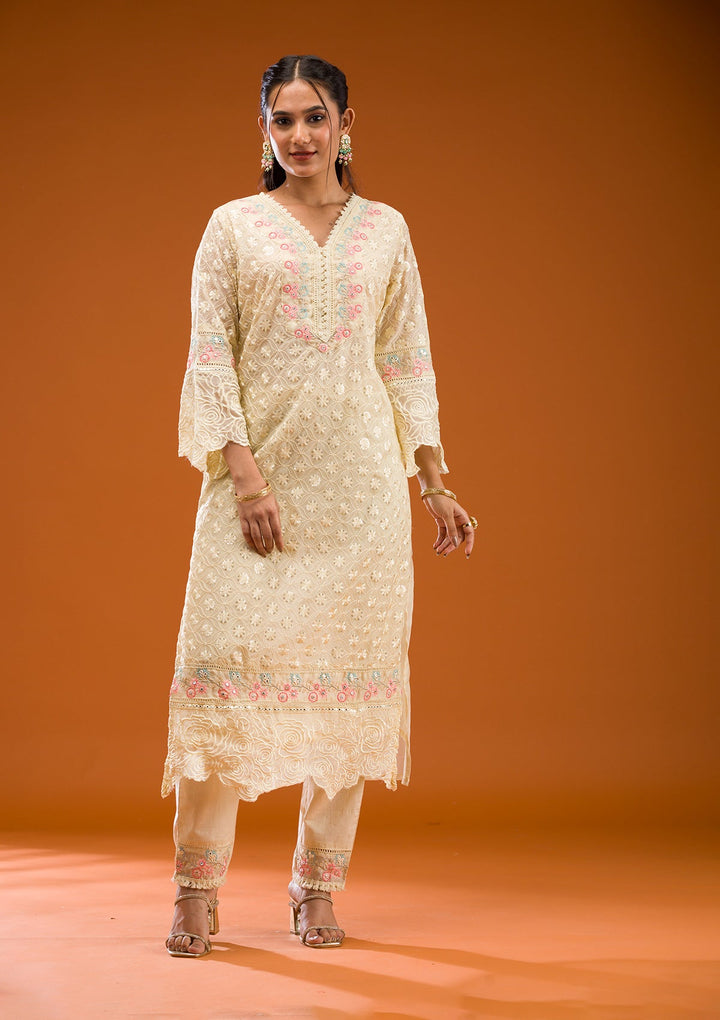 Cream Threadwork Georgette Readymade Salwar Suit-Koskii