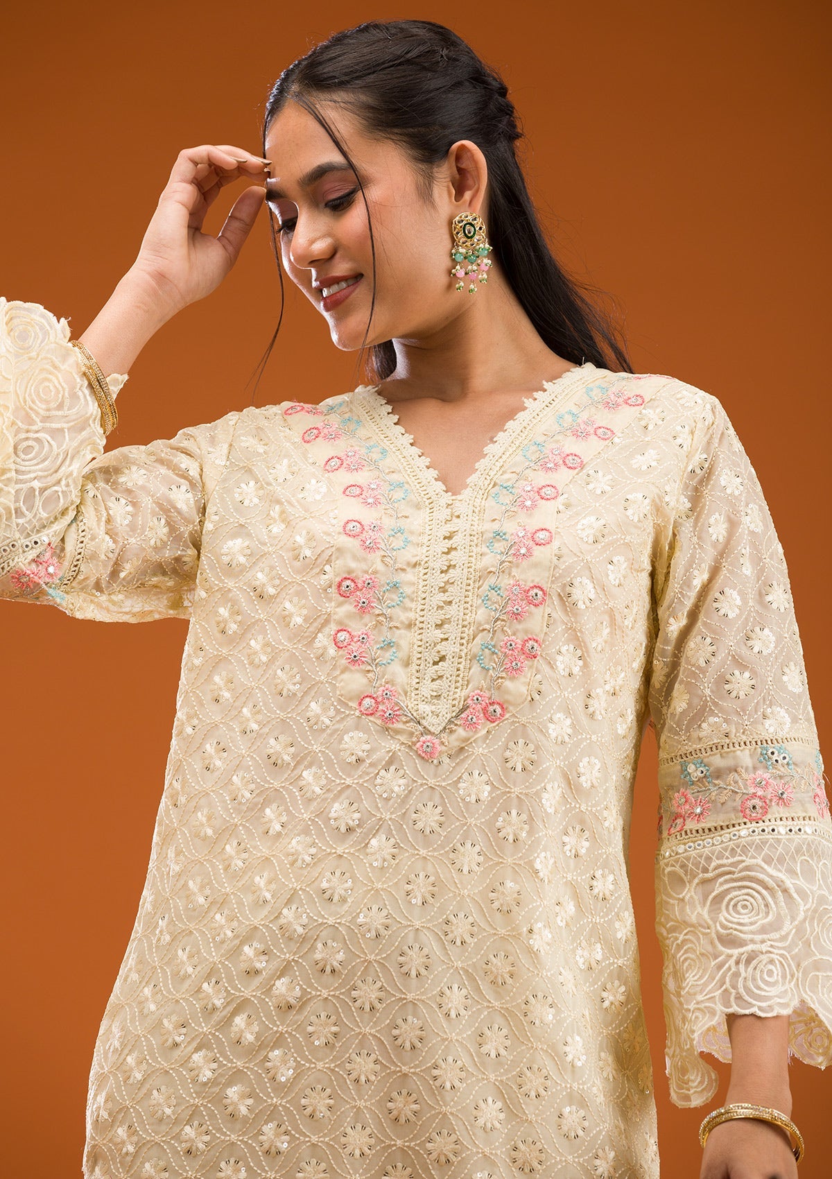 Cream Threadwork Georgette Readymade Salwar Suit-Koskii