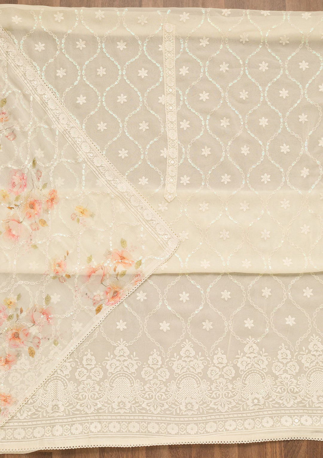Cream Threadwork Georgette Unstitched Salwar Suit-Koskii