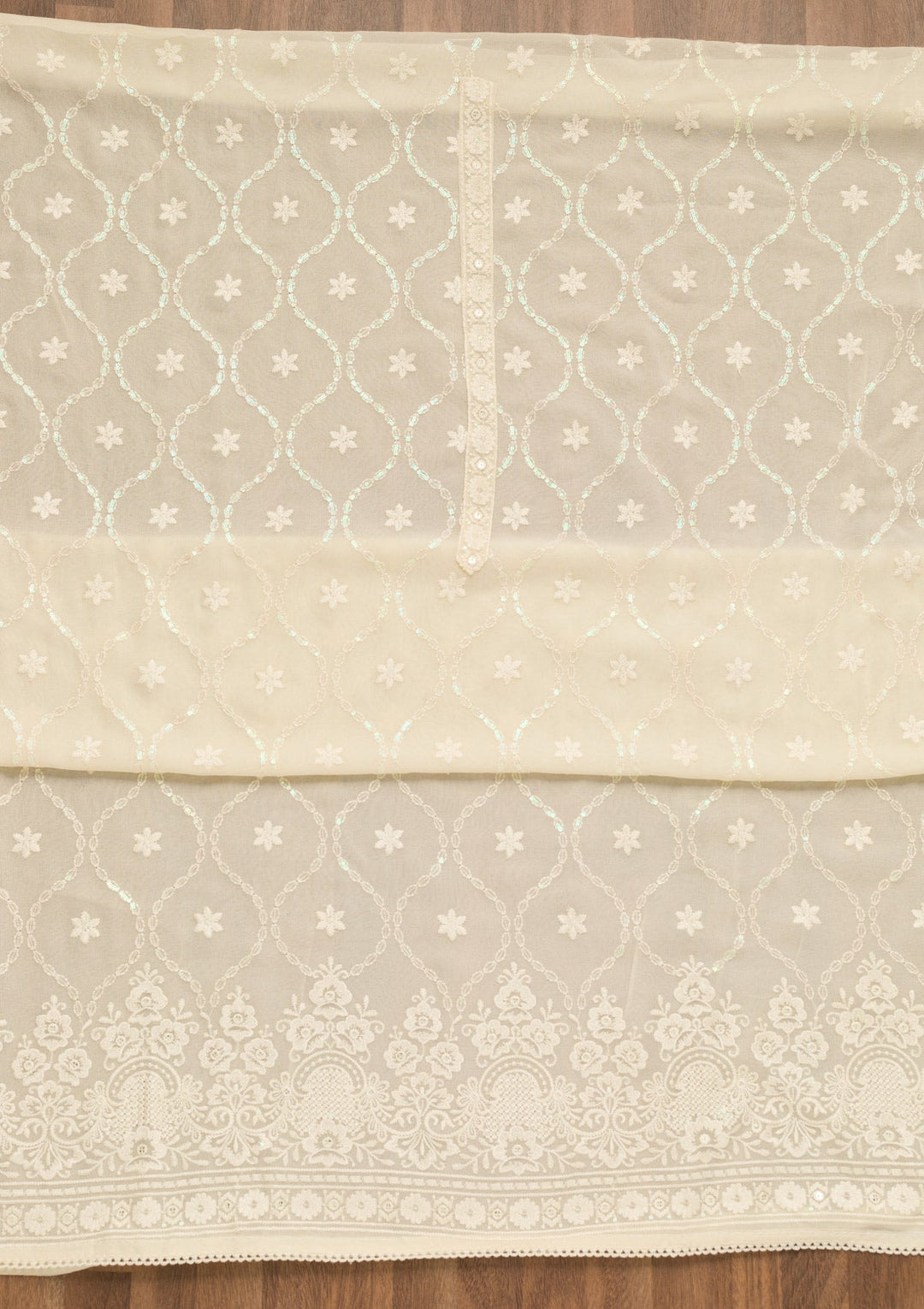 Cream Threadwork Georgette Unstitched Salwar Suit-Koskii
