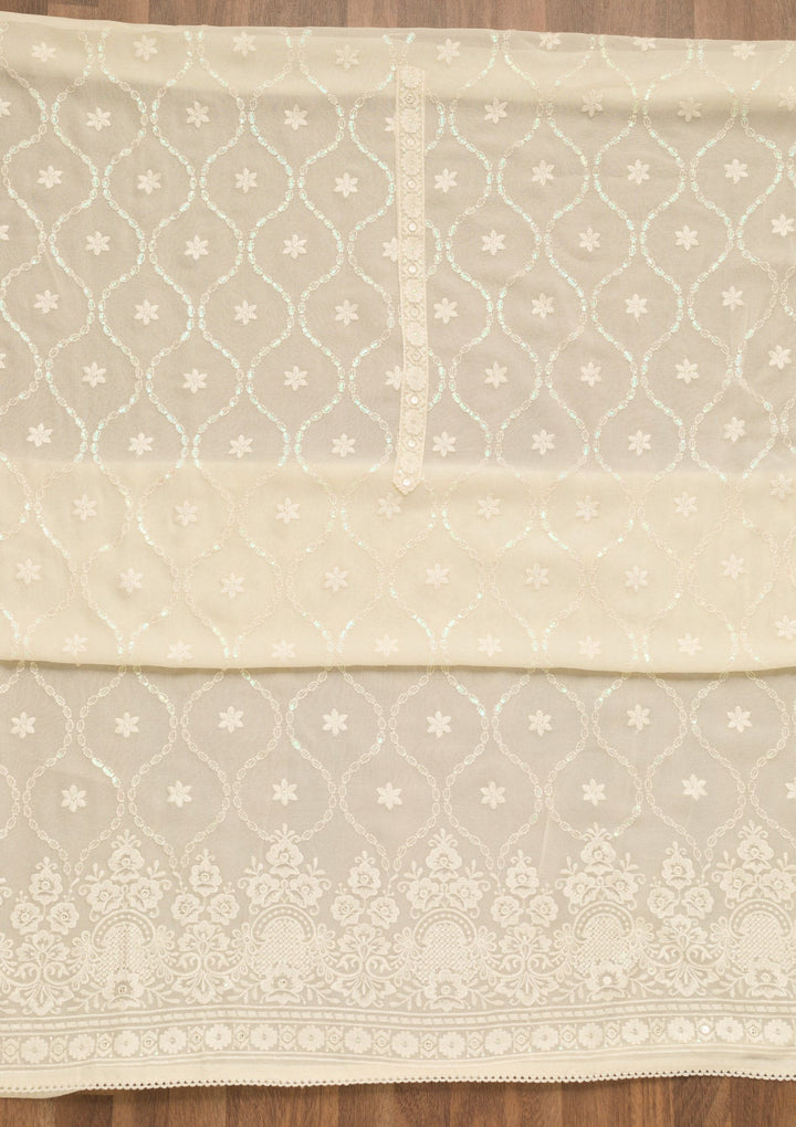 Cream Threadwork Georgette Unstitched Salwar Suit-Koskii