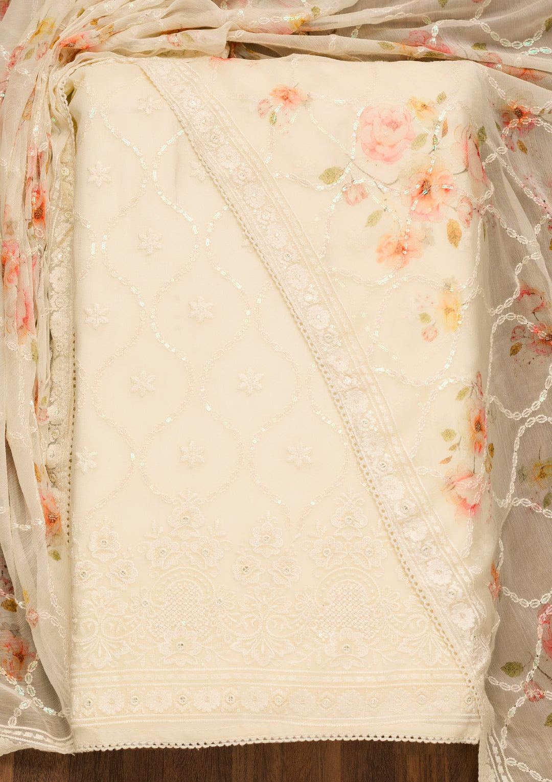 Cream Threadwork Georgette Unstitched Salwar Suit-Koskii