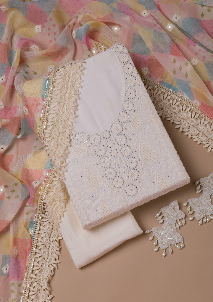 Cream Threadwork Georgette Unstitched Salwar Suit