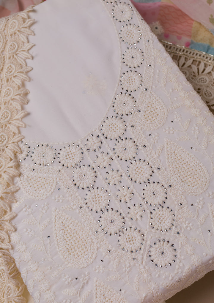 Cream Threadwork Georgette Unstitched Salwar Suit