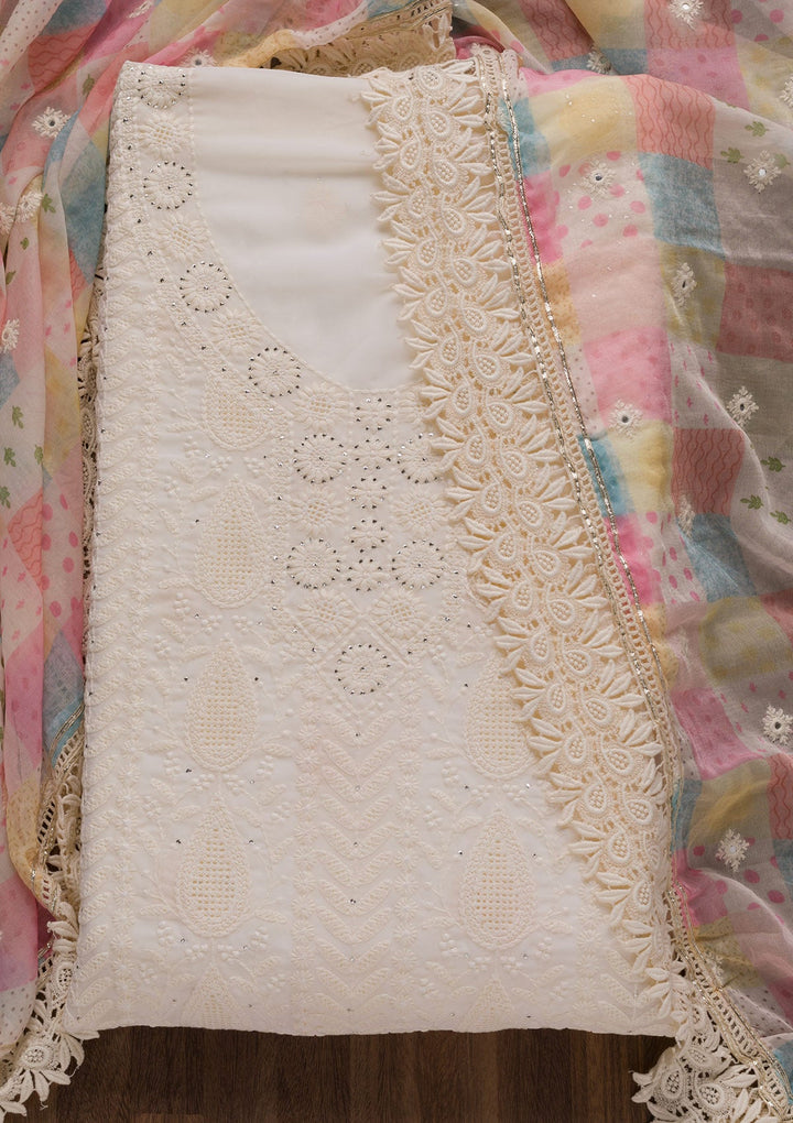 Cream Threadwork Georgette Unstitched Salwar Suit-Koskii