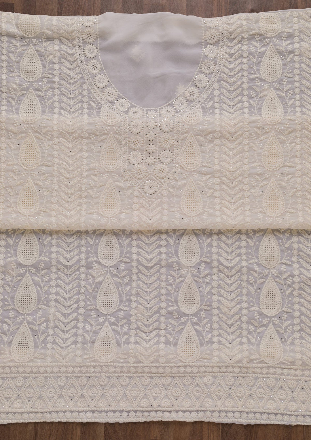 Cream Threadwork Georgette Unstitched Salwar Suit-Koskii