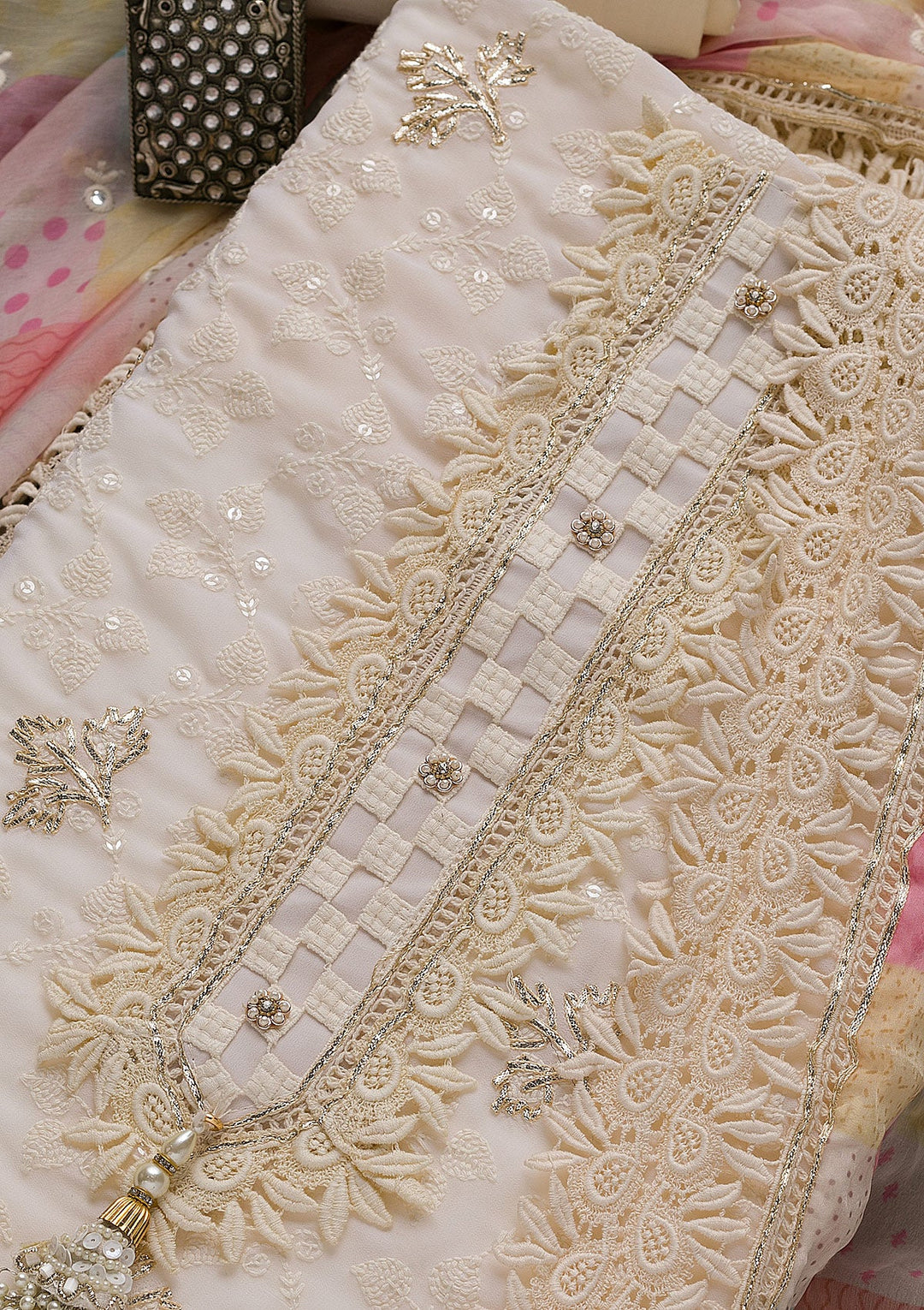 Cream Threadwork Georgette Unstitched Salwar Suit-Koskii