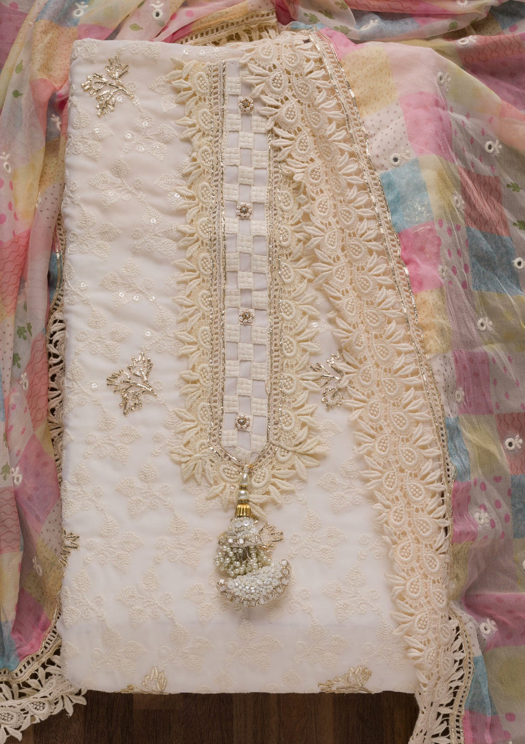 Cream Threadwork Georgette Unstitched Salwar Suit-Koskii