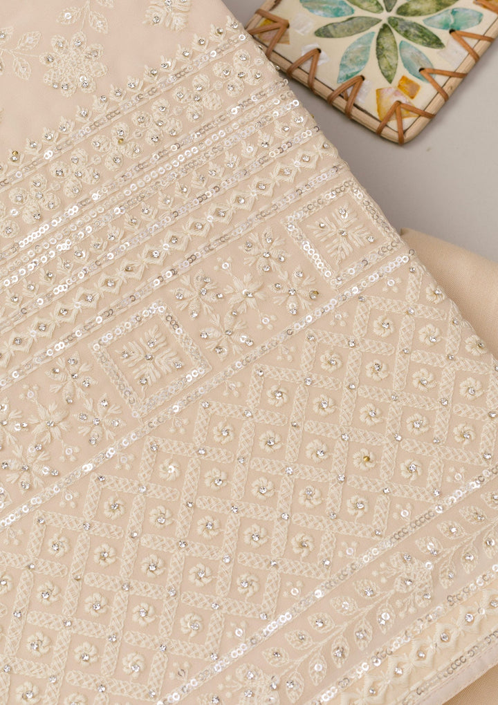 Cream Threadwork Georgette Unstitched Salwar Suit-Koskii