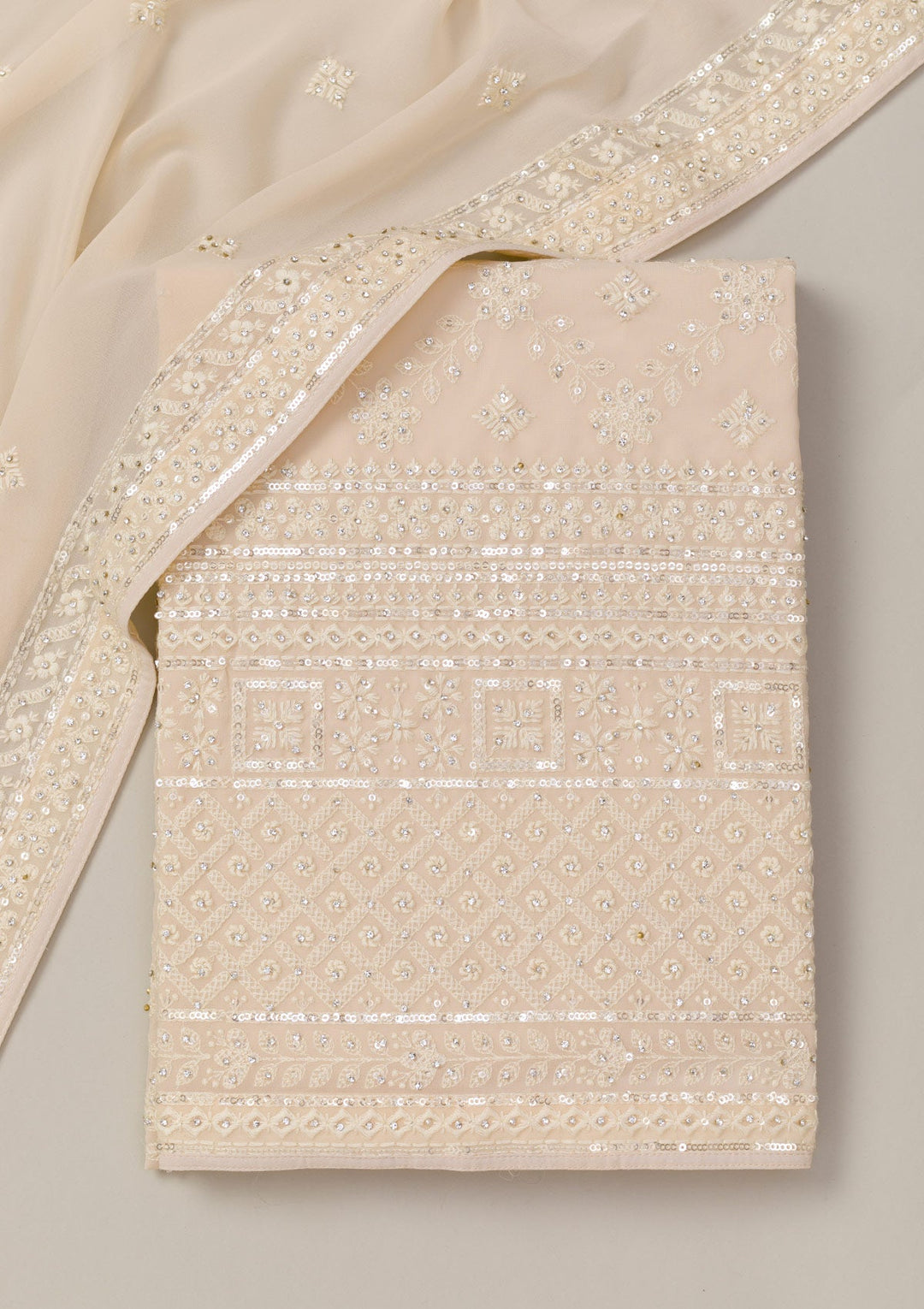 Cream Threadwork Georgette Unstitched Salwar Suit-Koskii