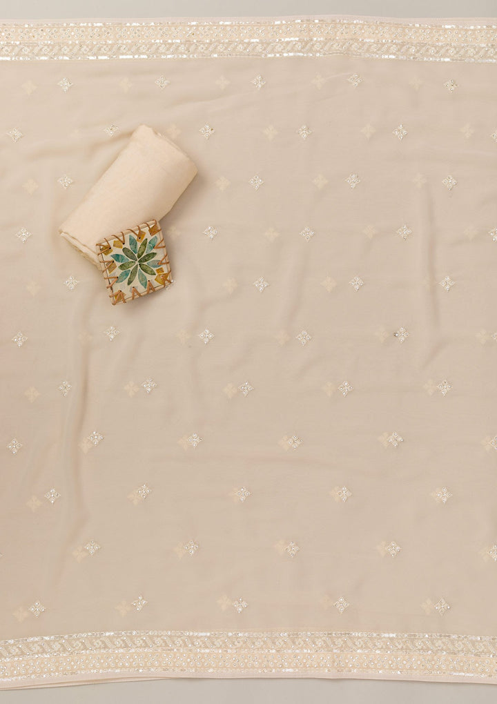 Cream Threadwork Georgette Unstitched Salwar Suit-Koskii