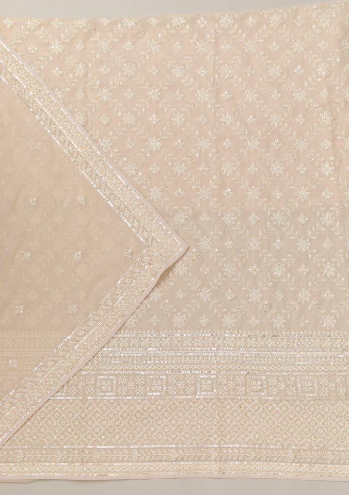 Cream Threadwork Georgette Unstitched Salwar Suit-Koskii