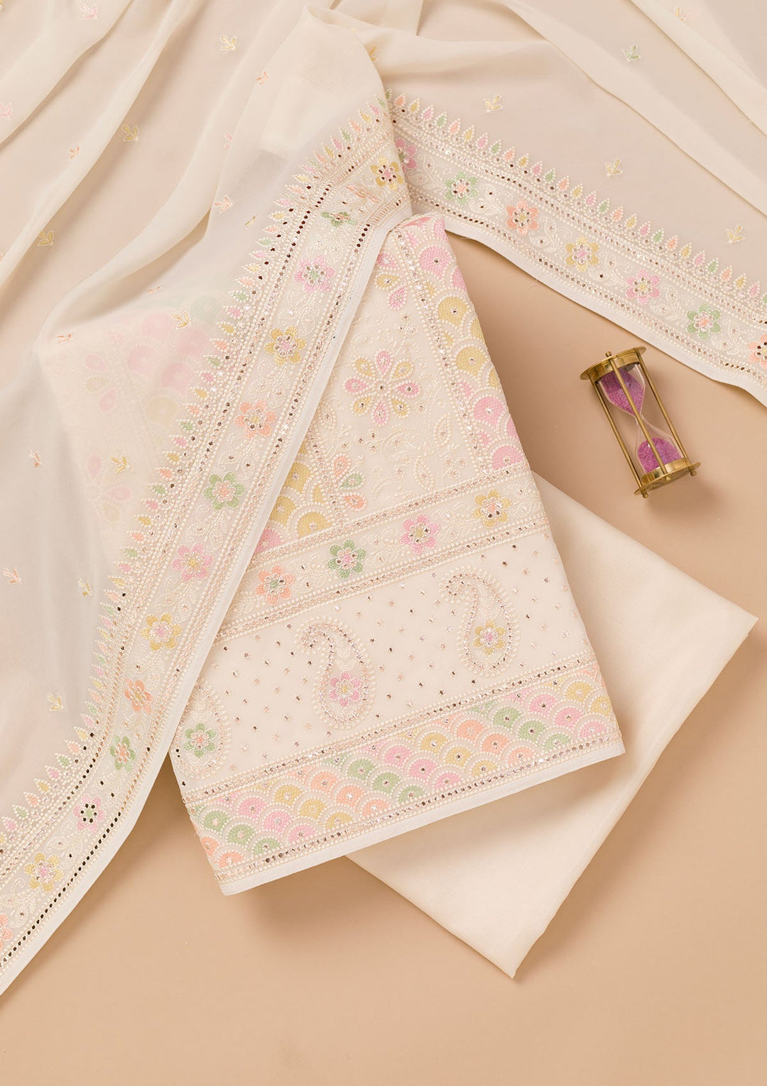 Cream Threadwork Georgette Unstitched Salwar Suit-Koskii