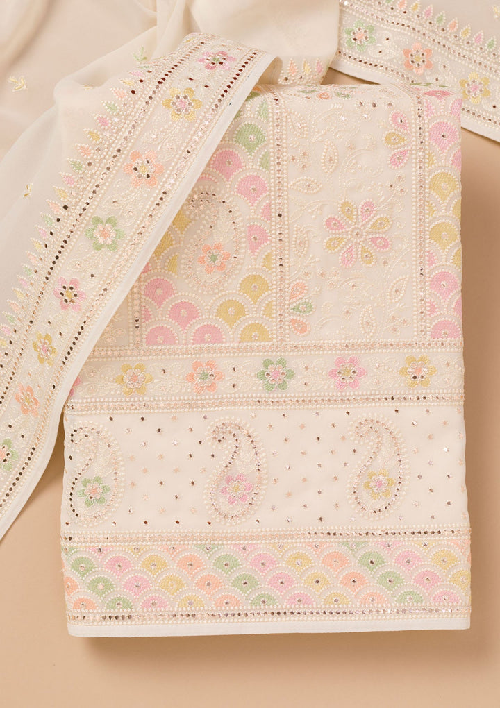 Cream Threadwork Georgette Unstitched Salwar Suit-Koskii