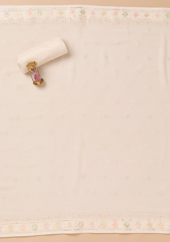 Cream Threadwork Georgette Unstitched Salwar Suit-Koskii