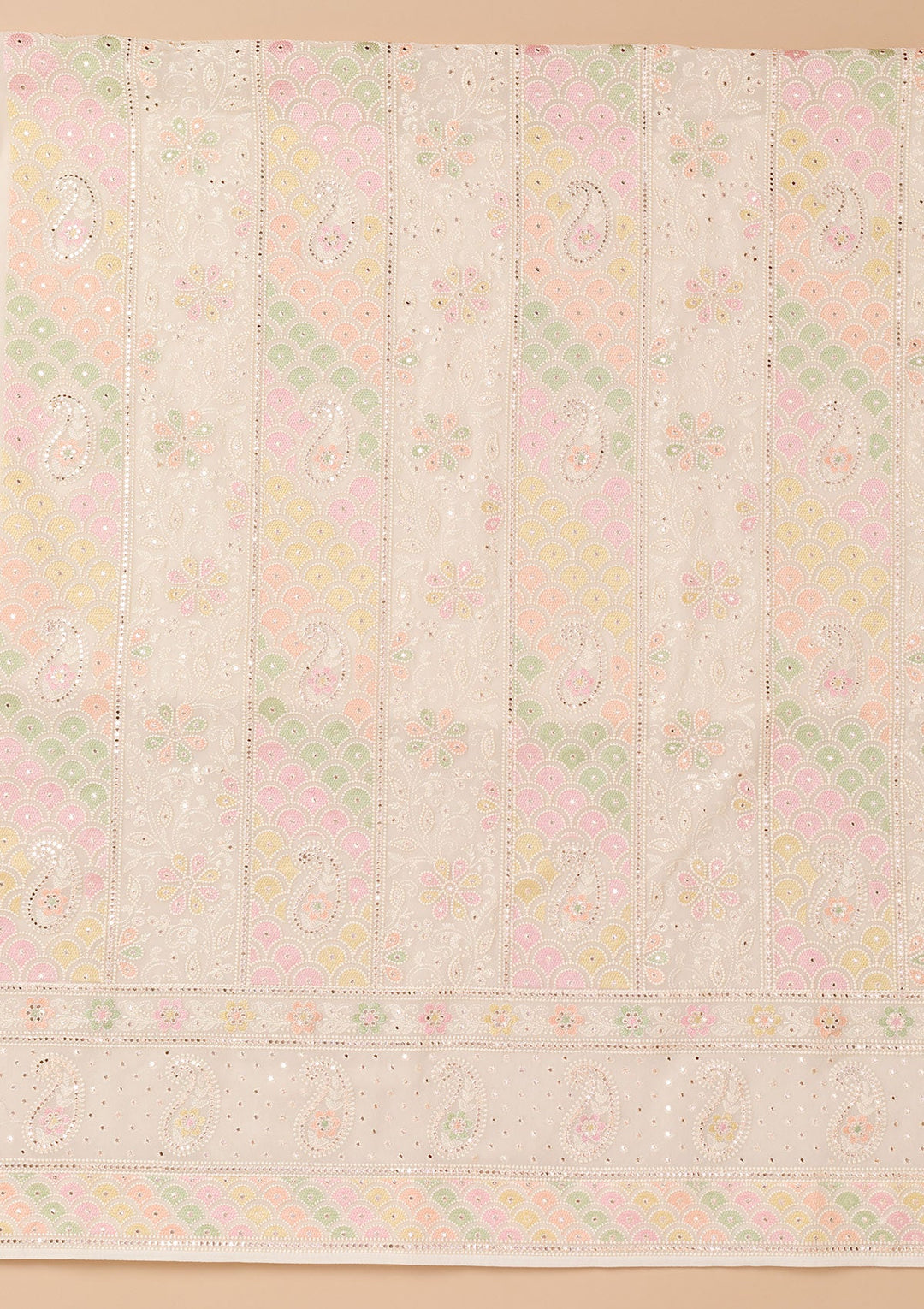 Cream Threadwork Georgette Unstitched Salwar Suit-Koskii