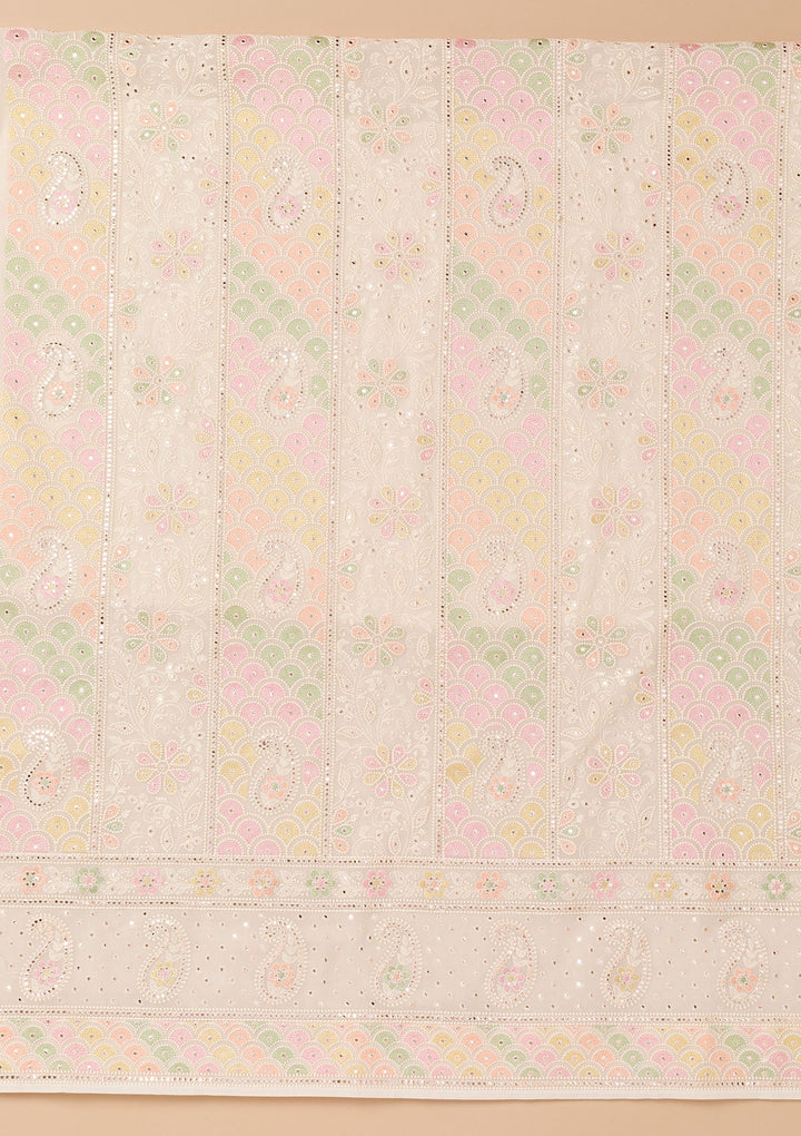 Cream Threadwork Georgette Unstitched Salwar Suit-Koskii