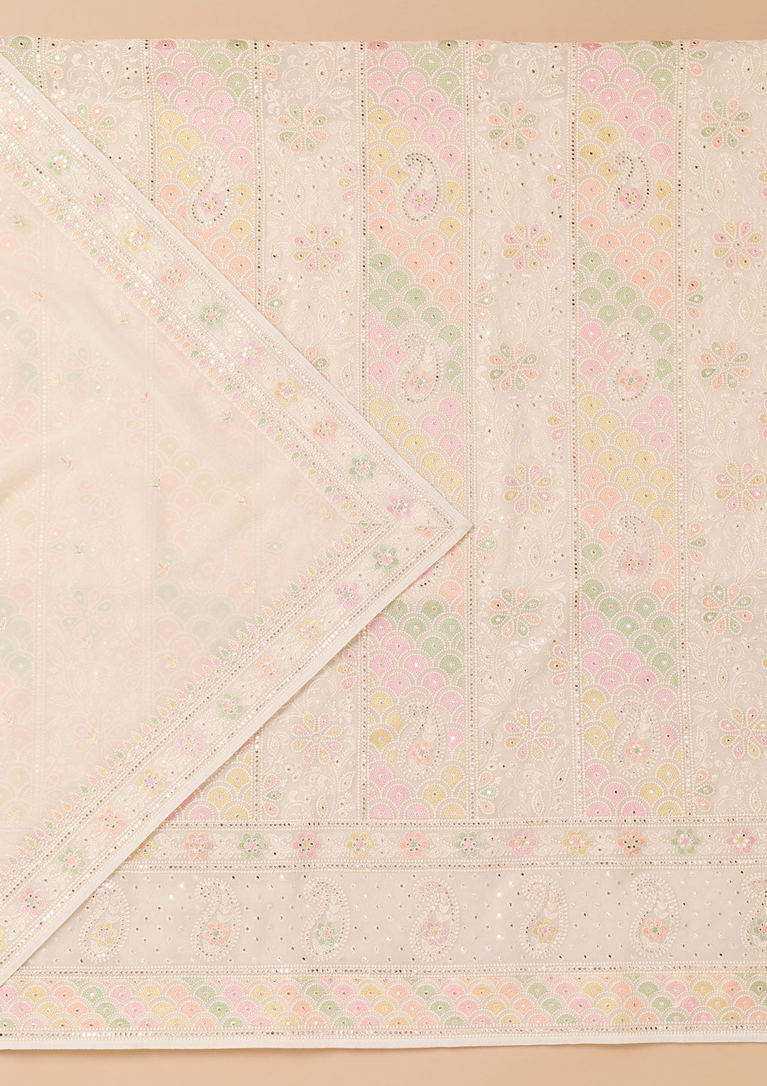 Cream Threadwork Georgette Unstitched Salwar Suit-Koskii