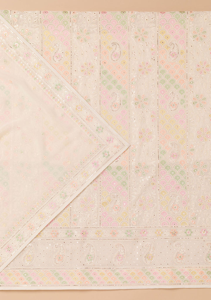 Cream Threadwork Georgette Unstitched Salwar Suit-Koskii