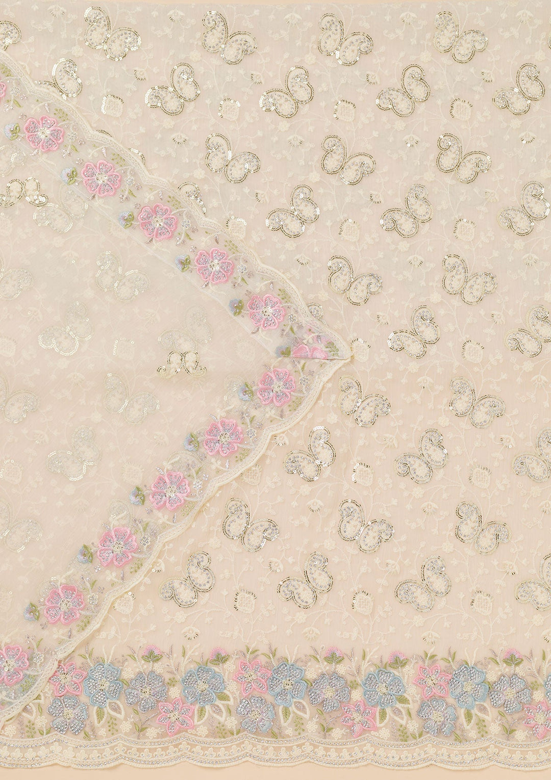 Cream Threadwork Georgette Unstitched Salwar Suit-Koskii