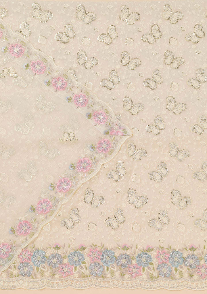 Cream Threadwork Georgette Unstitched Salwar Suit-Koskii