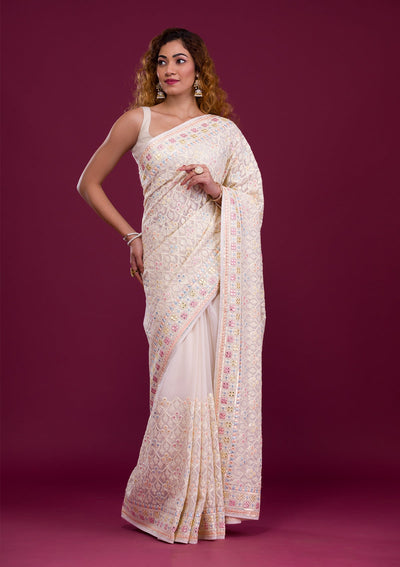 Cream Threadwork Georgette Saree-Koskii