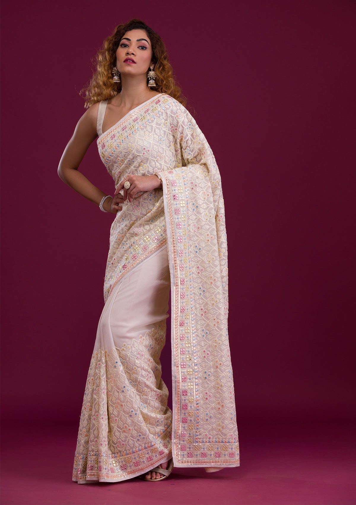 Cream Threadwork Georgette Saree-Koskii