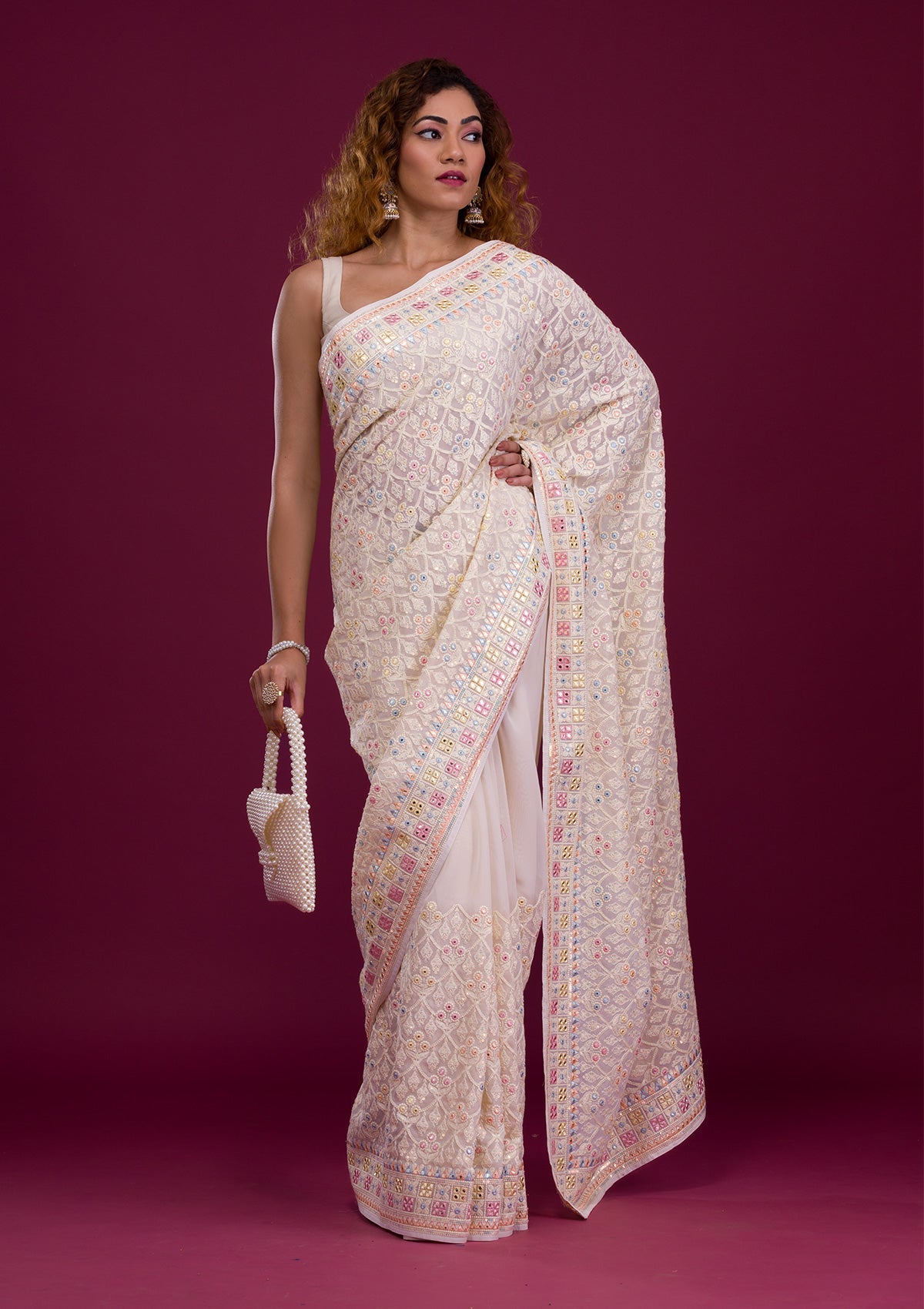 Cream Threadwork Georgette Saree-Koskii