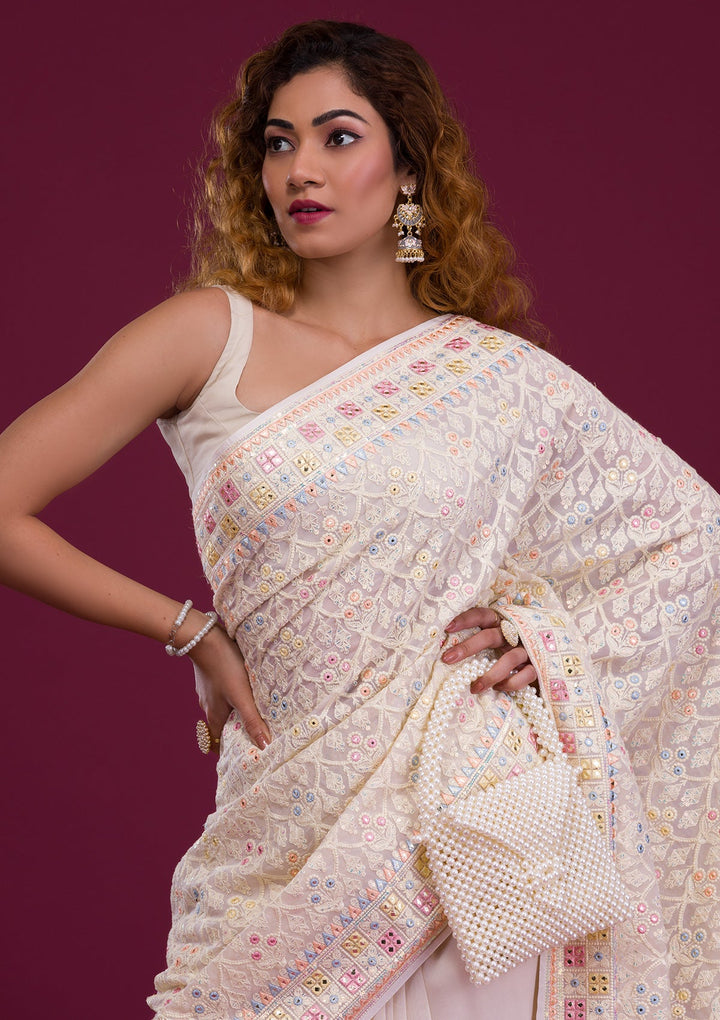 Cream Threadwork Georgette Saree-Koskii