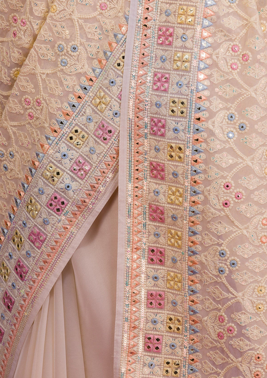 Cream Threadwork Georgette Saree-Koskii