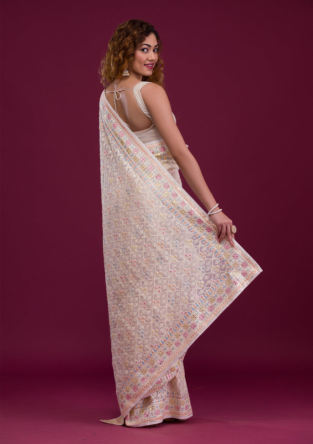 Cream Threadwork Georgette Saree-Koskii