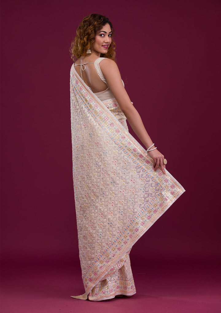 Cream Threadwork Georgette Saree-Koskii