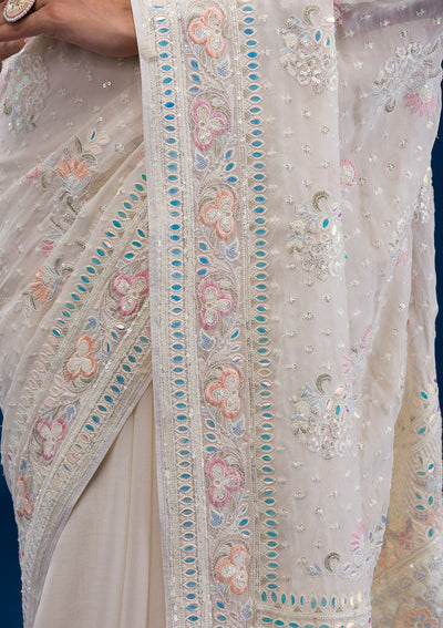 Cream Threadwork Georgette Saree-Koskii