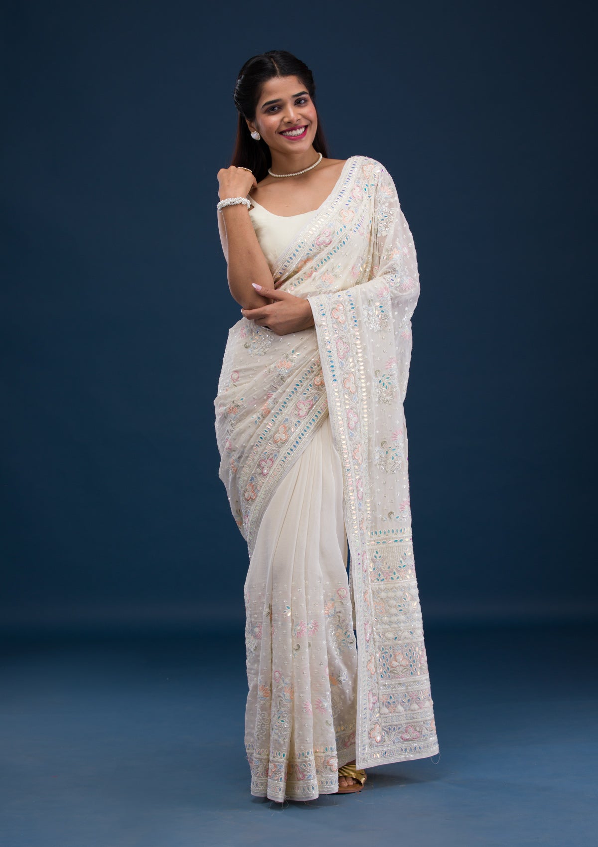 Cream Threadwork Georgette Saree-Koskii