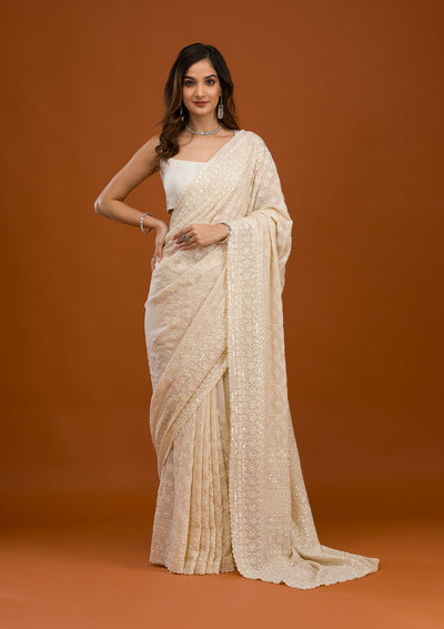 Cream Threadwork Georgette Saree-Koskii